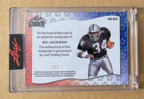 2025 Leaf Metal Bo Jackson BA-BJ1 Raiders 2/2 Auto Red Shimmer Independence Day - Picture 2 of 2
