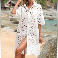 Shein White Eyelet Button-Down Shirt Dress Boho Embroidered Beach Cover-Up Med