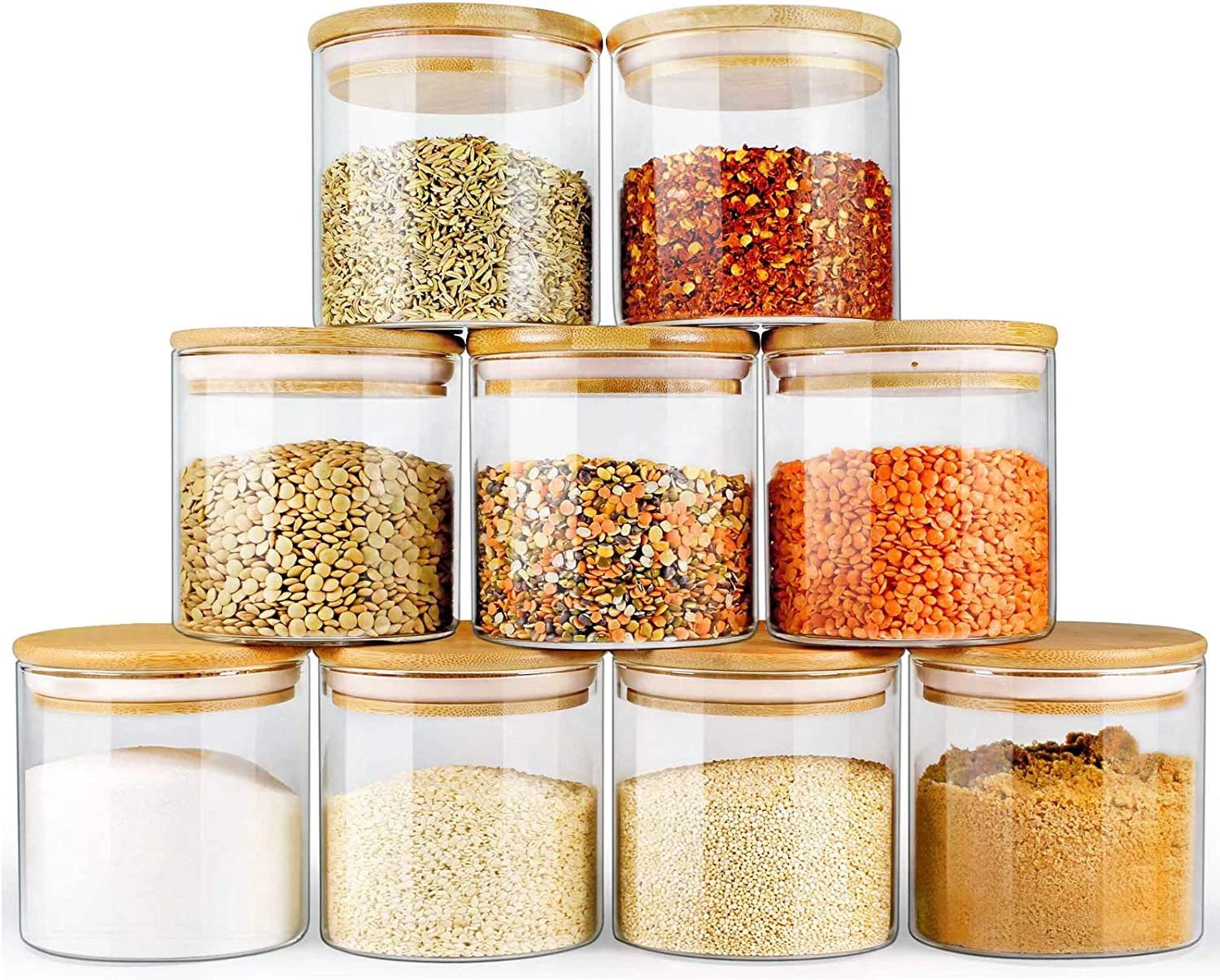 Glass Jars with Bamboo Lids (16Oz in 9 Pack), Food Jars and Canisters Sets with