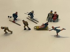 Vintage Barclay Lead Winter Scene 9 Figures - Sled, Skaters, Skier Toy Figures