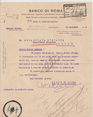 1924 Banco di Roma Constantinople Italian Embassy  Document San Marino Bond