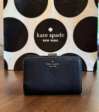 Kate Spade Lena Medium Compact Bifold Wallet Black Pebble Leather KH787 $199
