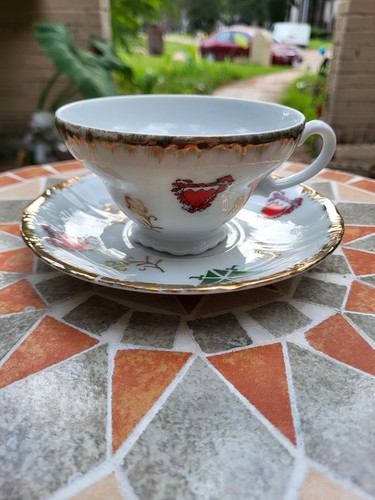 Vintage Footed Tea Cup And Saucer Featuring Bahrain Coat Of Arms And Saudi Japan