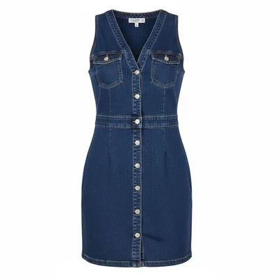 Robe Femme PULL&BEAR L Jean Bleu Sans Manches En V Boutonnée Avec Poche Courte - Photo 1/4
