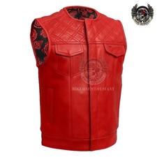 Bikers  Men Red Leather Vest Red paisley lining Red Thread Concealed Waistcoat