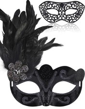 Feather Masquerade Mask Couples Set Venetian One Size Hollow Black Decor
