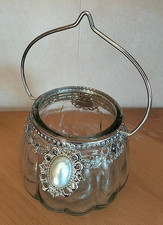 Teelicht Halter Windlicht 10cm orientalisch Perlen Glas Metall mit Henkel rund