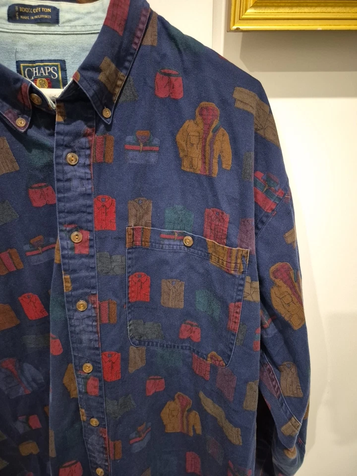 RARE VINTAGE POLO RALPH LAUREN CHAPS ALL OVER PRINT BUTTON DOWN SHIRT NAVY XL - Image 3 of 4