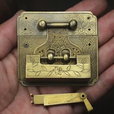 Vintage Brass Lock Hasp Set 6.5cm Square Carved Latch for Wooden Trunk Box