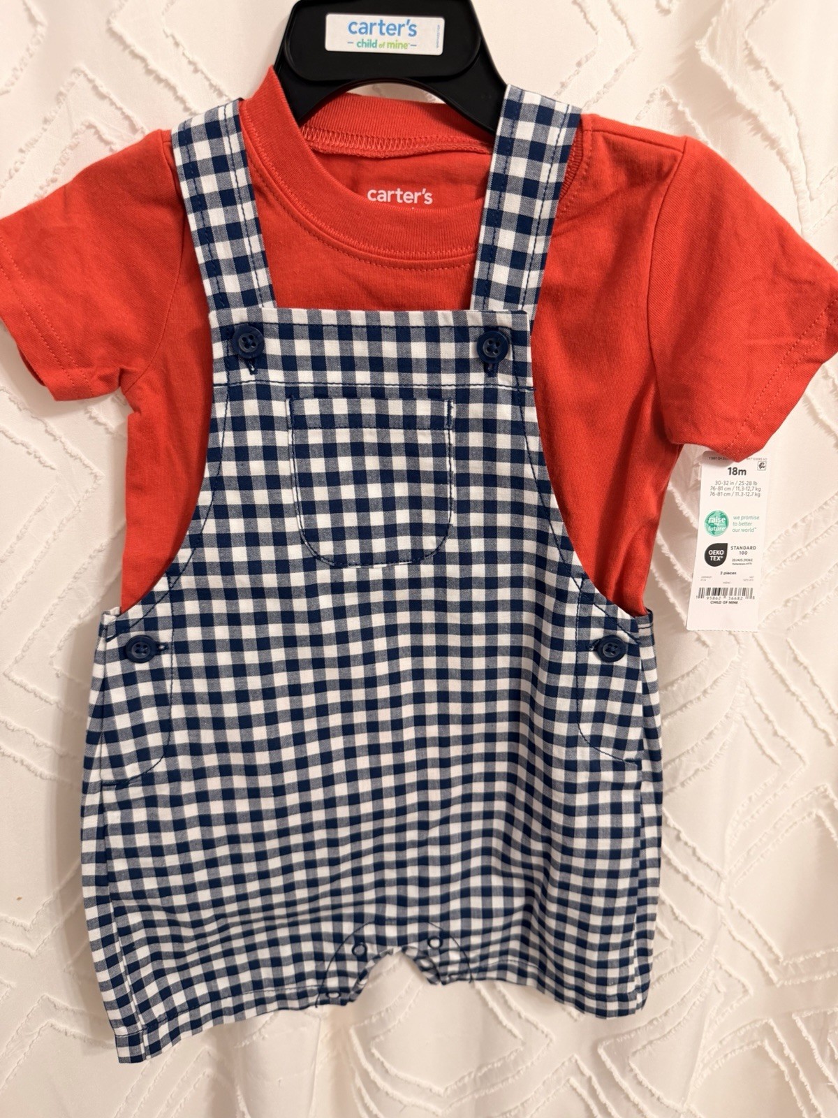 Carter's Child of Mine 2pc Red Tee & Blue/White Gingham Overalls Set 18M
