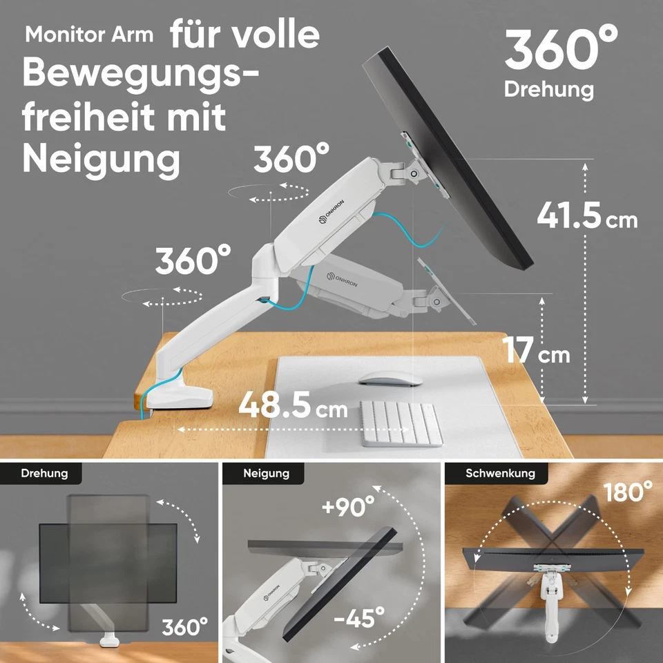 ONKRON Monitor Tischhalterung 13-32", bis 8 kg, Gasdruckfeder, G80-W - Bild 3 von 4