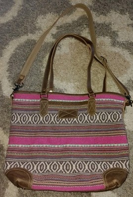Beautiful Colorful Myra Tribal Aztec Blanket & Leather Tote Bag Purse