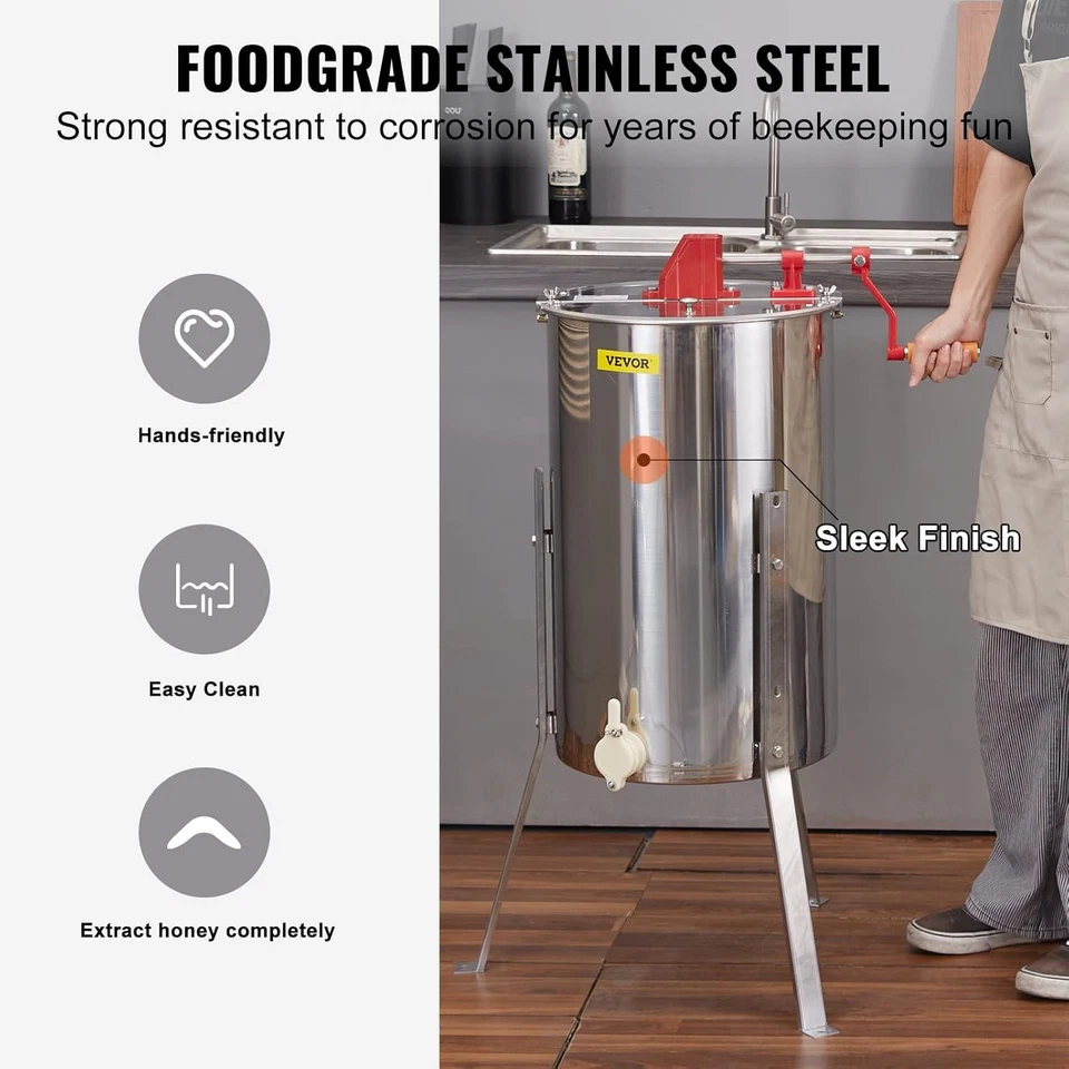 Экстрактор меда VEVOR 3 рамы, ручная экстракция пчеловодства из нержавеющей стали,... - Изображение 4 из 4