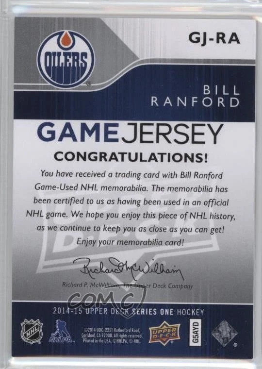 2014-15 Upper Deck UD Game Jerseys Bill Ranford #GJ-RA - Image 2 of 2