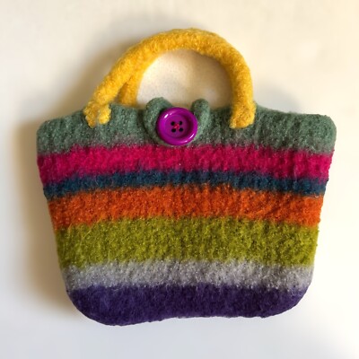 Vintage Felted Wool Striped Colorful Handmade Knit Small Handbag Purse