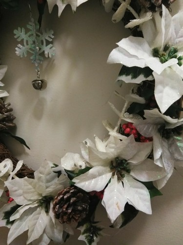 White Poinsettia Door Wreath With Red Berries And Pine Cones - Picture 6 of 6