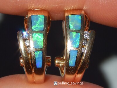 14K SOLID YELLOW GOLD DIAMOND & BLUE STONE OMEGABACK CLIP ON HUGGIE EARRINGS