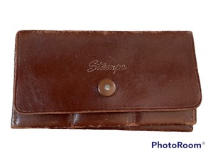 Vintage Leather Folding Postage Stamp Holder Snap Closure 