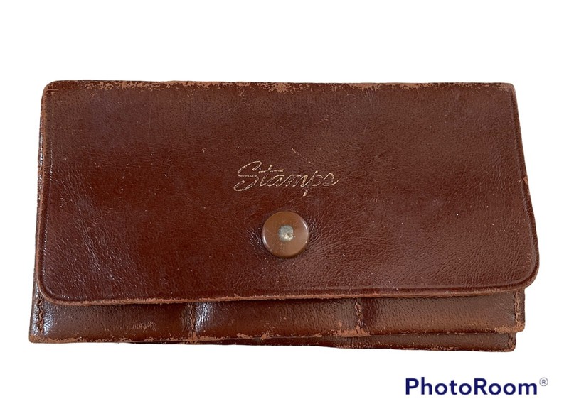 Vintage Leather Folding Postage Stamp Holder Snap Closure 