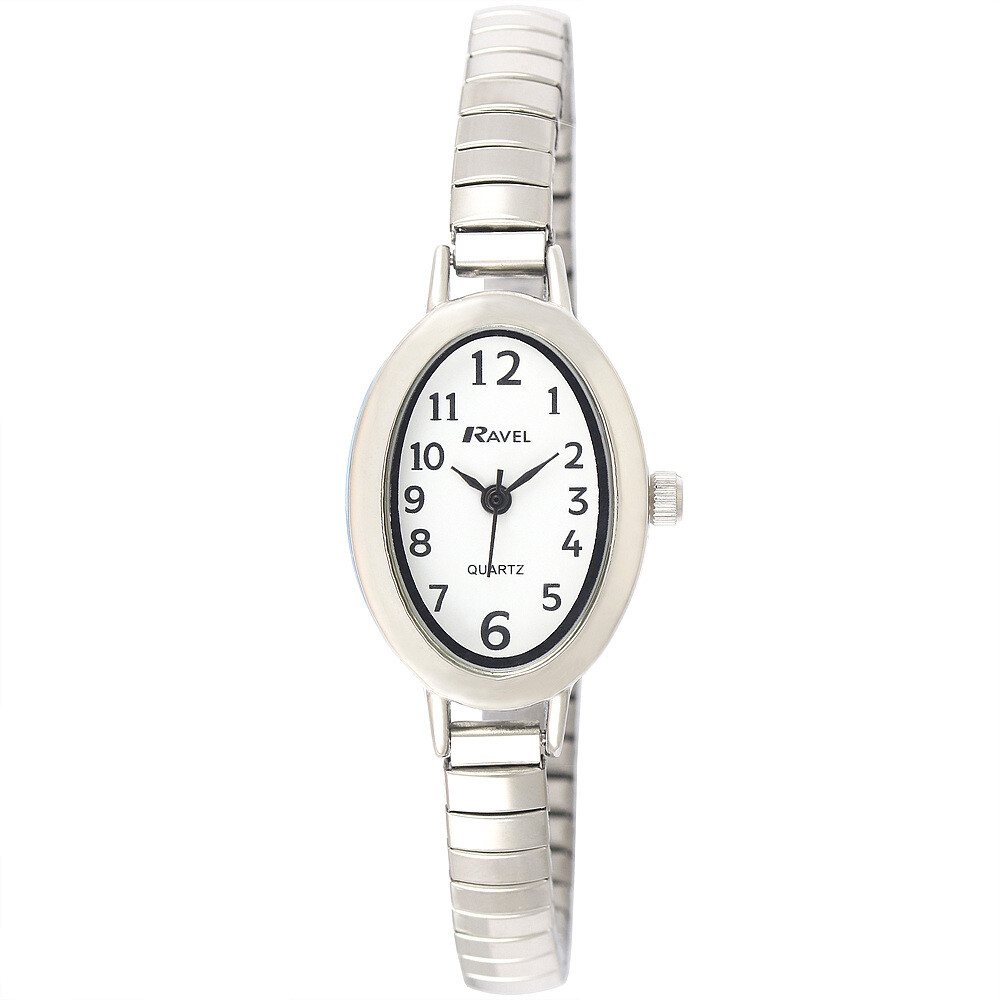 Ladies Expandable Watch with Easy Read Silver Tone Oval Dial by Ravel 