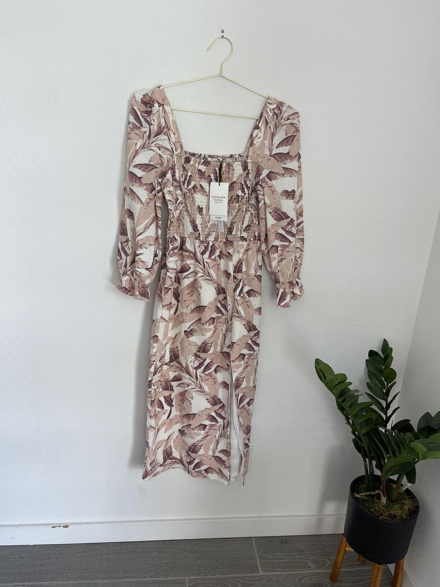 house of harlow 1960 linen dress HOUSE OF HARLOW 1960 Smocked Waist Linen Midi Dress Size Small NWT