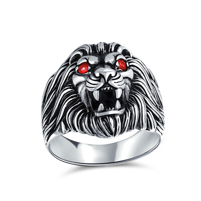 Mens Silver Ring Red Ruby Eyes Lion Design Solid Oxidized