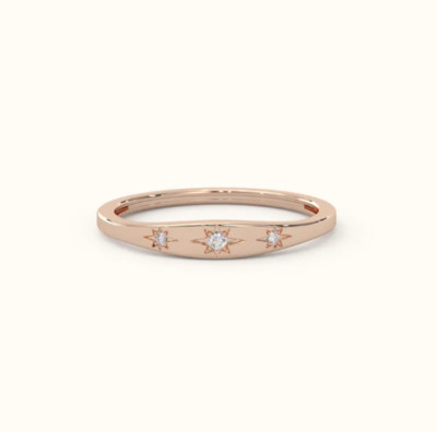 14k Solid Gold 3-Star Diamond Signet Ring Dainty & Elegant Womens Stacking Ring