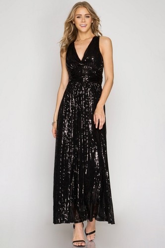 Women's Low Cut Sequin Maxi Dress Crisscross Open Back She + Sky Size S,M,L New - Picture 3 of 5