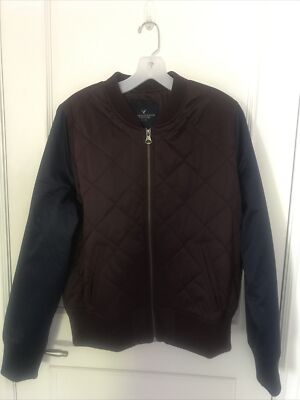AMERICAN EAGLE OUTFITTERS Full Zip Quilted Down Burgundy/Navy Bomber Jacket