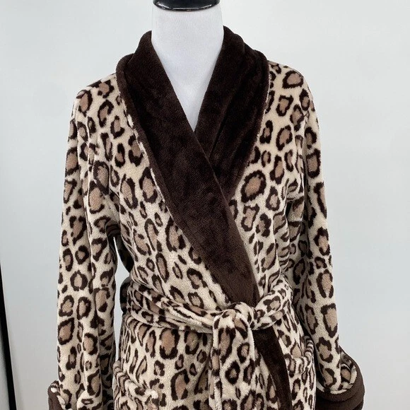 Bata larga envolvente N Natori para mujer talla grande marrón crema estampado animal leopardo proxeneta Foto 2 de 4