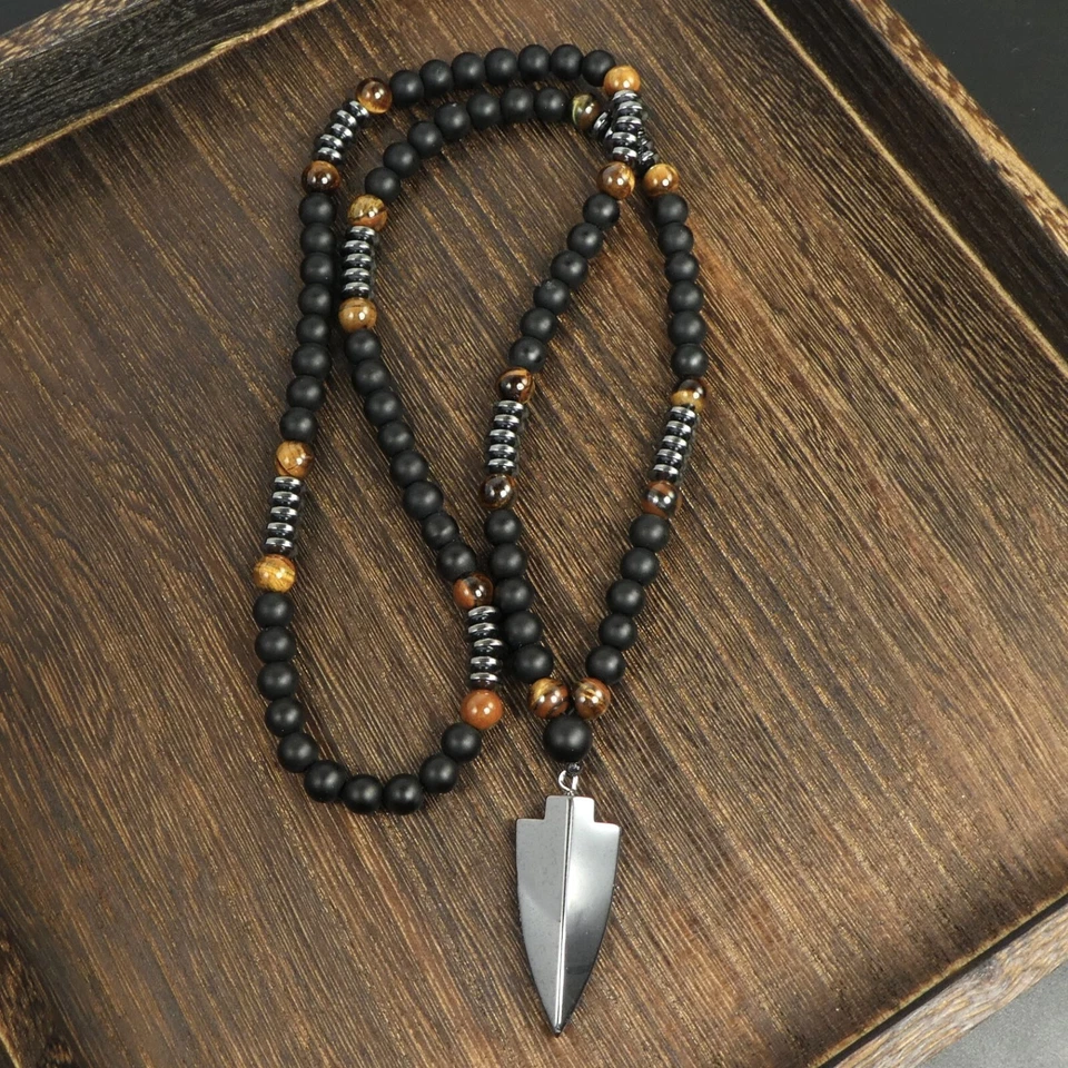 Colgante Punta de Flecha Hematita Ónix Negro Mate Ojo de Tigre 29" Largo Collar Hombre Regalo Foto 3 de 4