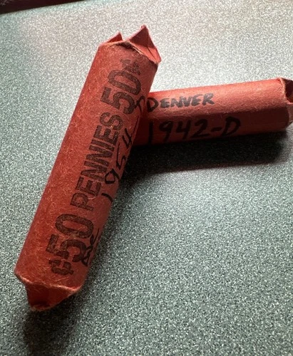 1942-D & 1954-D Wheat Penny Rolls • 100 Coins • Estate Fresh Unsearched Cents