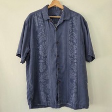 Tommy Bahama Mens Blue 100 Silk Embroidered Floral Pineapple Camp Shirt Large