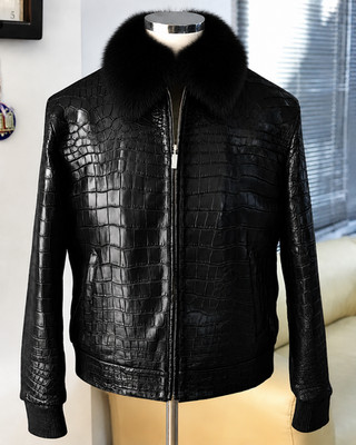 Men's Black Bomber Leather Jacket Fur Collar Luxury Crocodile Embossed Jacket