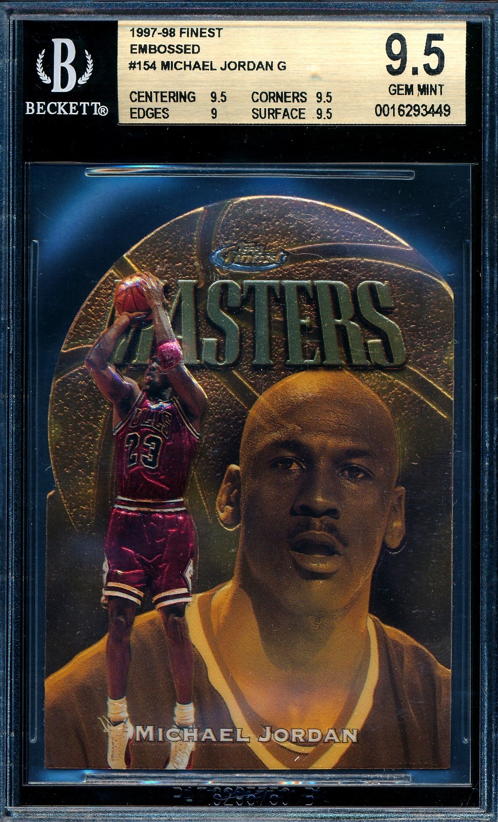 MICHAEL JORDAN 1997-98 TOPPS FINEST GOLD MASTERS EMBOSSED DIE CUT BGS 9.5 #154!