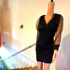 Black Sheer Mesh Glitter Dot Long Sleeve Bodycon Mini Dress Size S Very Soft