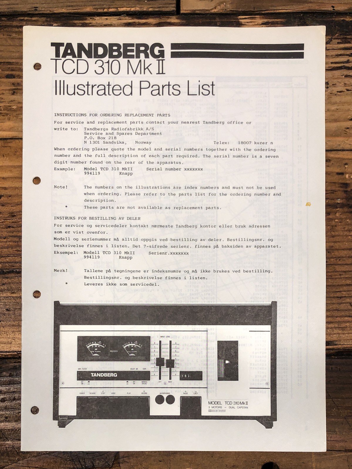 Tandberg TCD-310 MKII MK2 Cassette Parts List Manual *Original*
