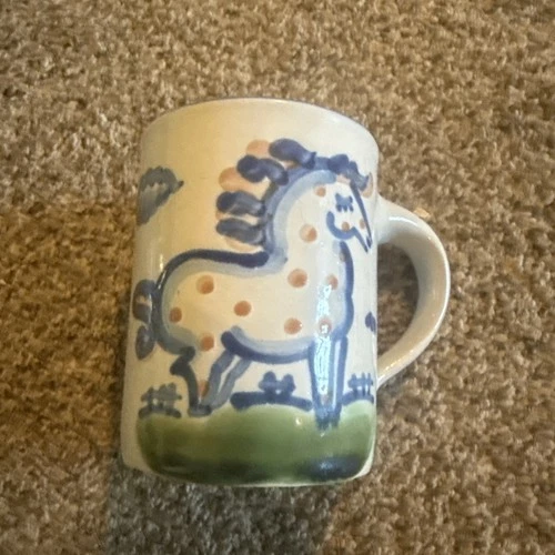 Vintage M.A. Hadley Dotted Horse Stoneware Mug - The End - Folk Art Handpainted