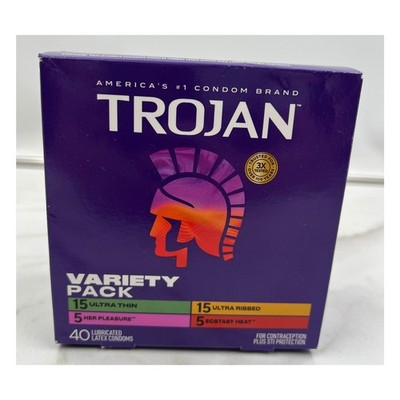 Trojan Variety Pack Lubricated Latex Condoms 40 Count Ultra Thin Ribbed Ecstasy