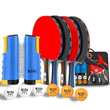 N1fit Ping Pong Paddle Set - 4 Professional Rackets, Retractable Net, 6 Pig P...