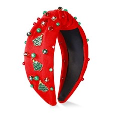 Christmas Knotted Headbands Tree Rhinestone Wide Crystal Jeweled Top Knot Red