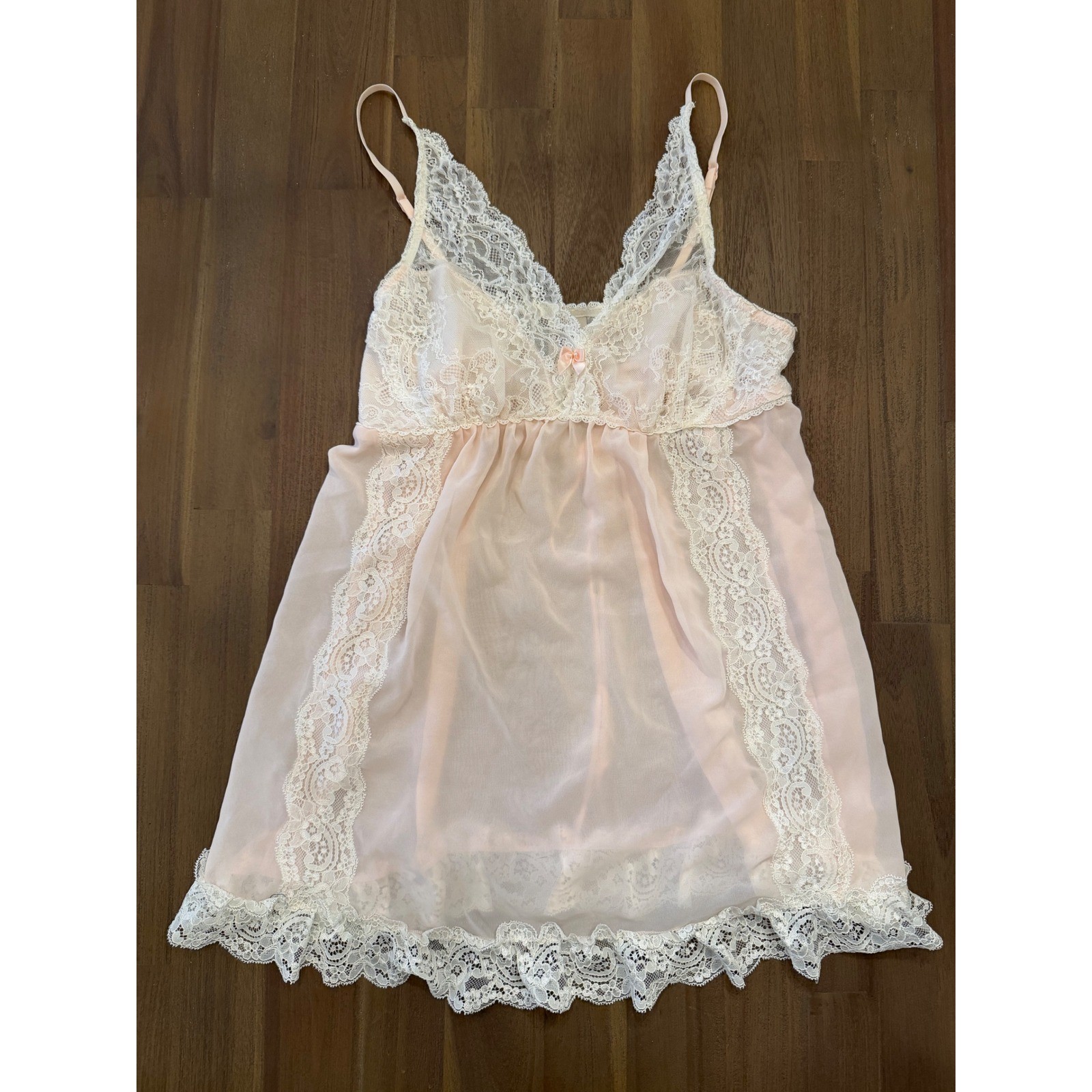 In Bloom by Jonquil Peach Lace Trim Sheer Babydoll Chemise Lingerie Medium