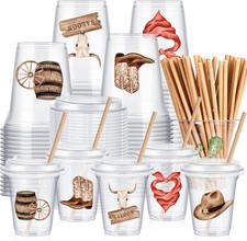 60 Pcs Western Cowboy Cups with Lids and Paper Straws 14 oz Disposable Clear