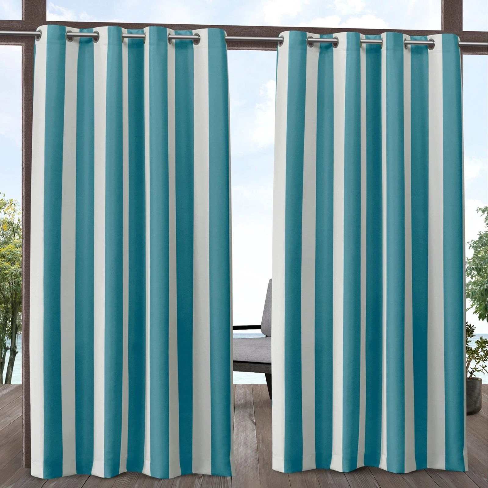 Canopy Stripe Indoor/Outdoor Grommet Top Curtain Panel, 54"x108", Teal / Whit...