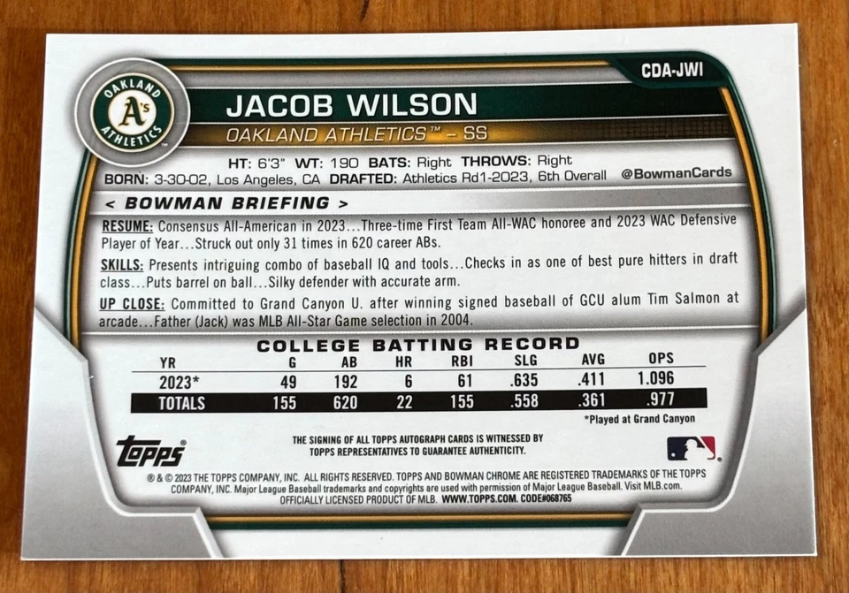 2023 Bowman Draft JACOB WILSON Chrome 1st Bowman Auto ATHLETICS - Image 2 of 2