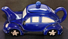 Vintage ceramic VW BUG Teapot - Blue and White theme 16cm x 7cm x 7cm high.