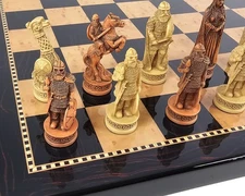 Antique White & Brown Norse Viking Chess Set with 18" Dark Walnut Color Board