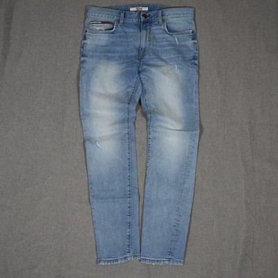 Tommy Hilfiger Mens Jeans 33x32 Distressed Slim Tapered Faded Light Blue Denim