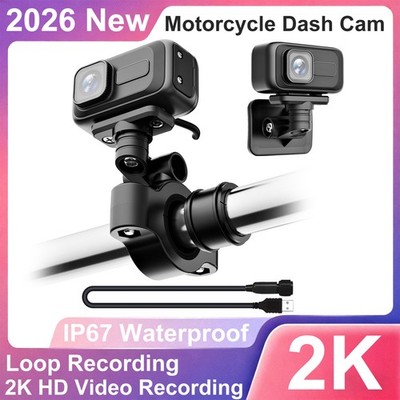 Motorcycle Dash Cam 2K HD Video Recorder 64GB SD Card Waterproof 140° Wide Angle