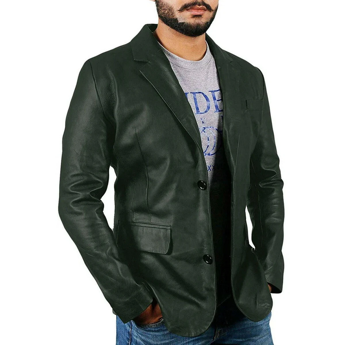 Men Green Leather Blazer Pure Soft Lambskin 2 Button Custom Made Coat Blazer